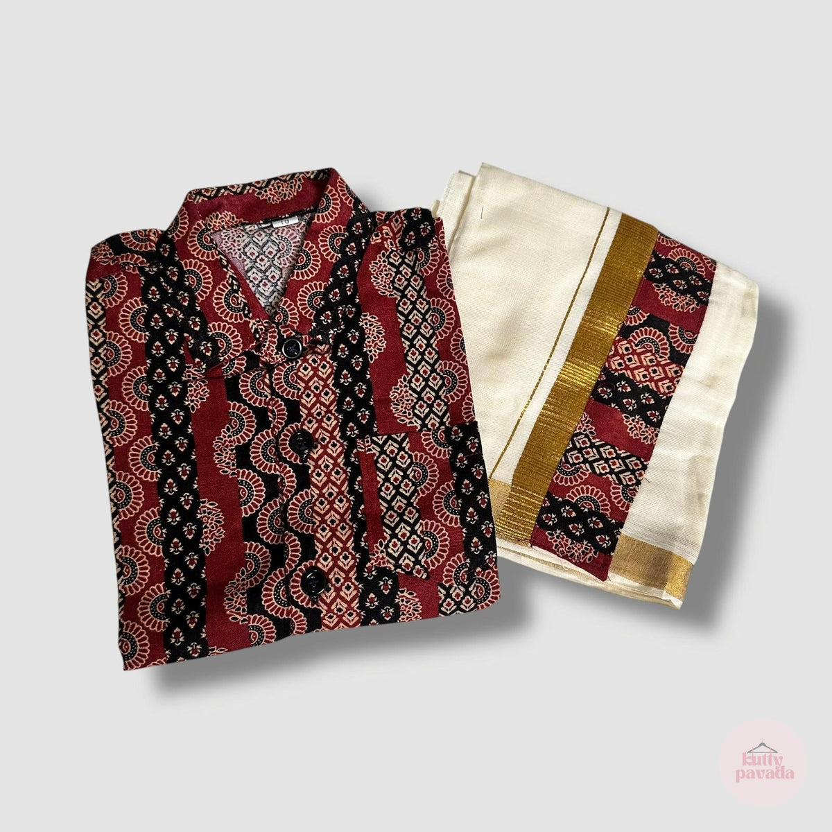 Maroon Ajrakh Shirt & Kasavu Mundu Set