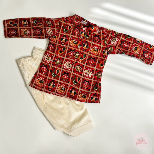 Red Printed Kurta Set with Ivory Patiala Pants