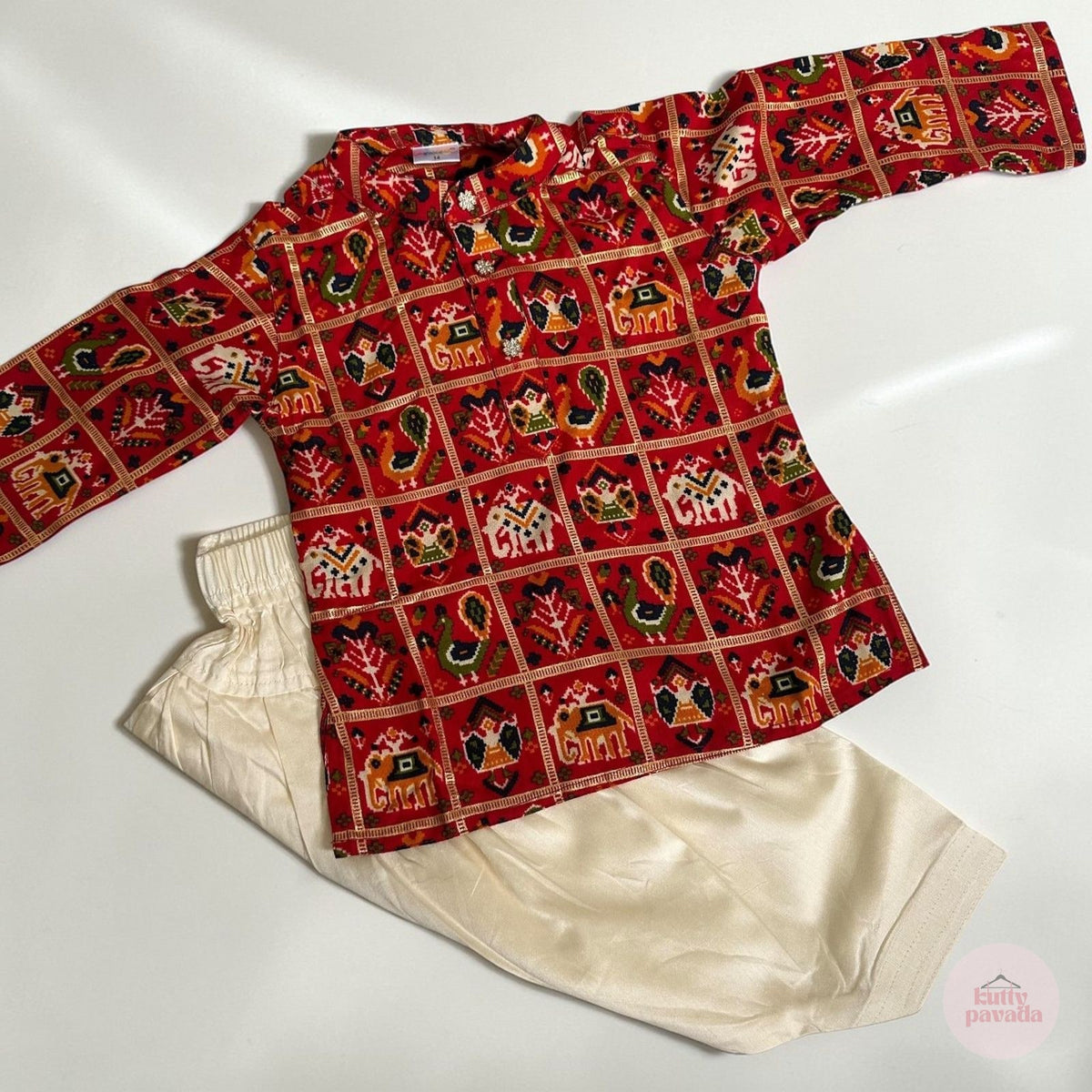 Red Printed Kurta Set with Ivory Patiala Pants