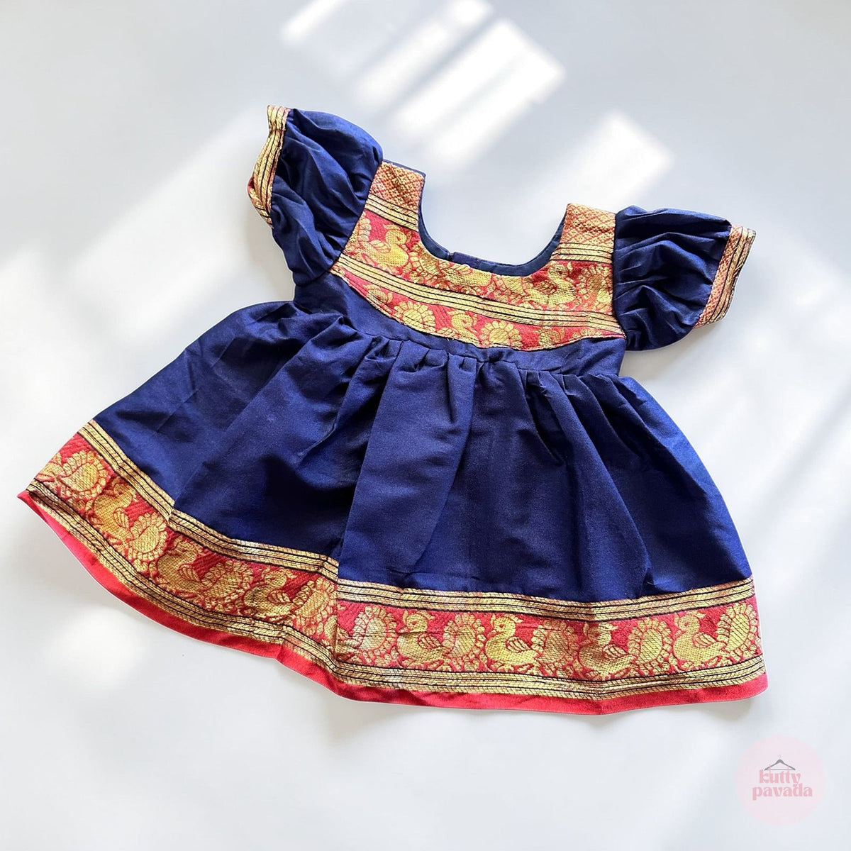 Navy Blue & Red Kasavu Pattu Frock Set