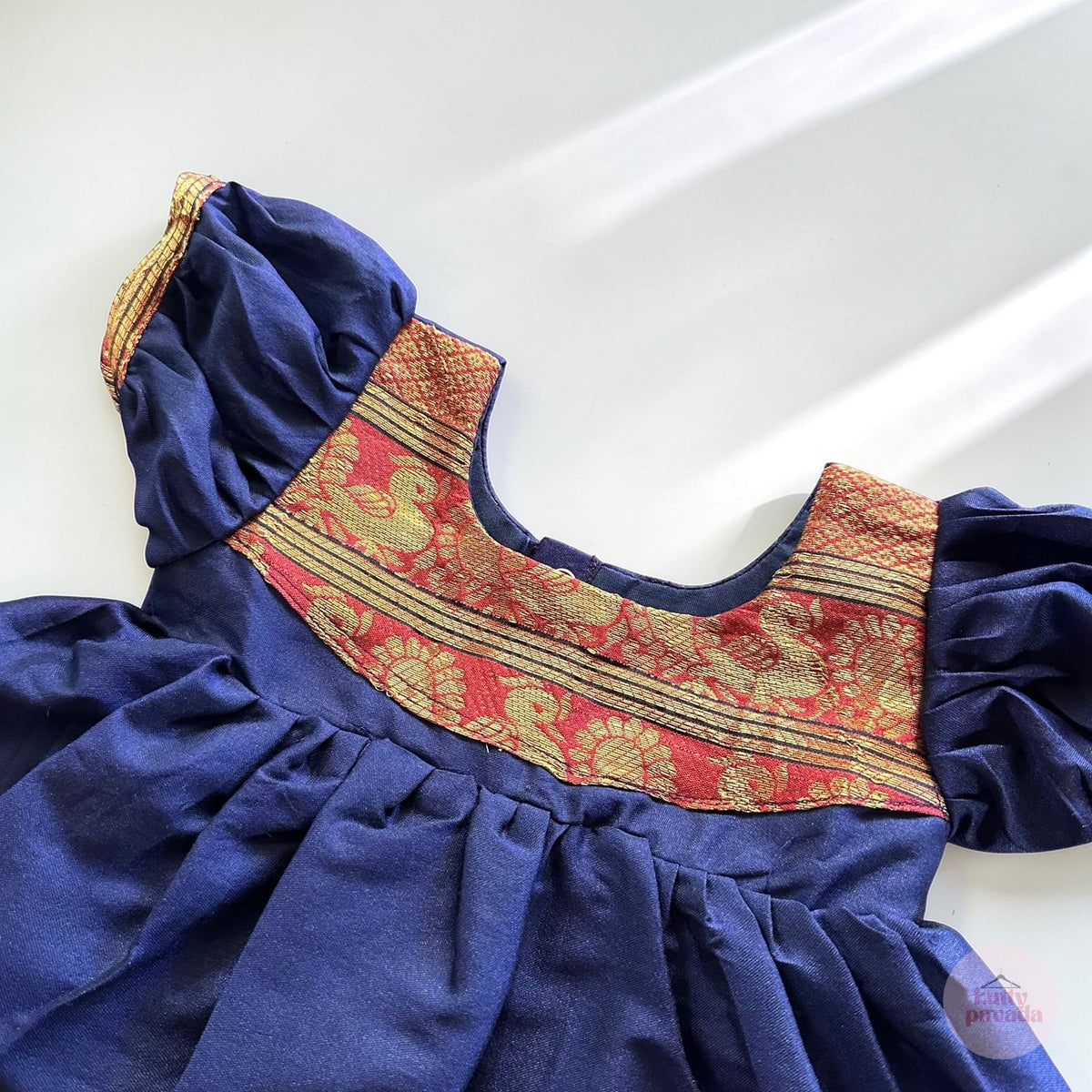 Navy Blue & Red Kasavu Pattu Frock Set
