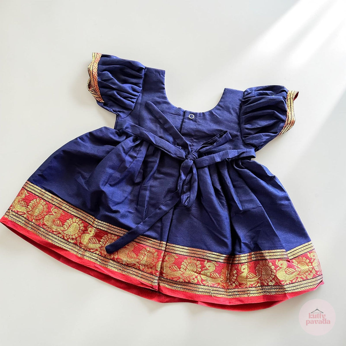 Navy Blue & Red Kasavu Pattu Frock Set
