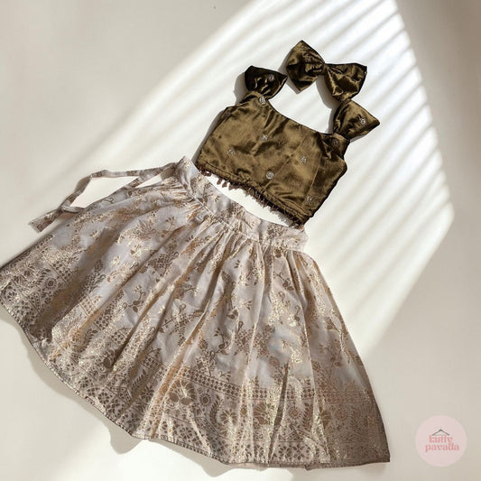 Olive Velvet Top & Gold Traditional Skirt Set
