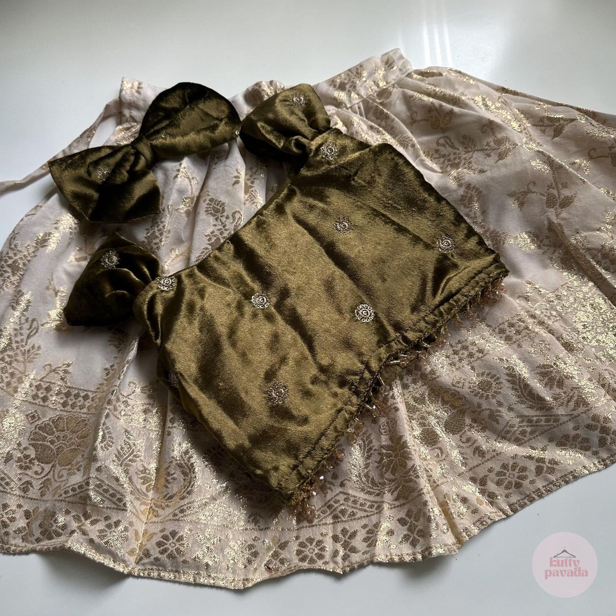 Olive Velvet Top & Gold Traditional Skirt Set