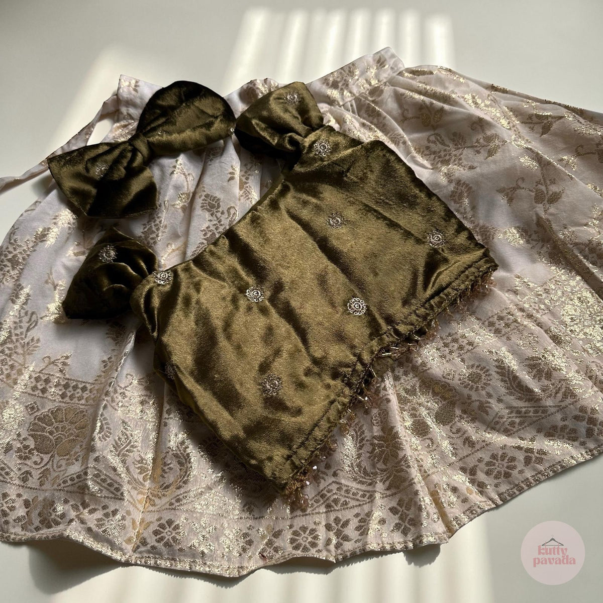 Olive Velvet Top & Gold Traditional Skirt Set