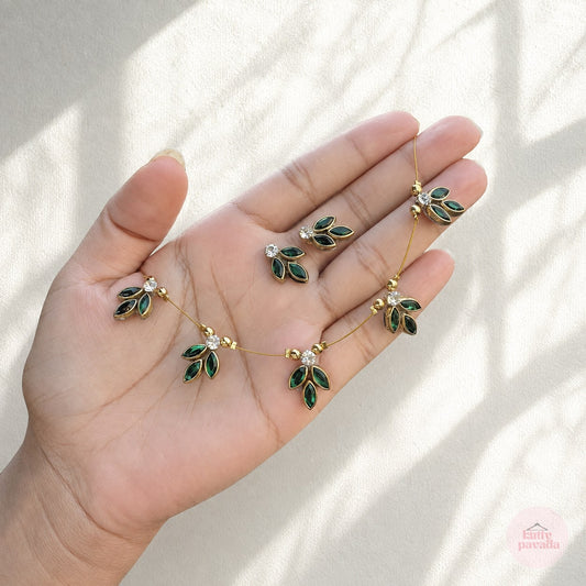 Green Petal Charm Invisible Necklace with Earrings Set