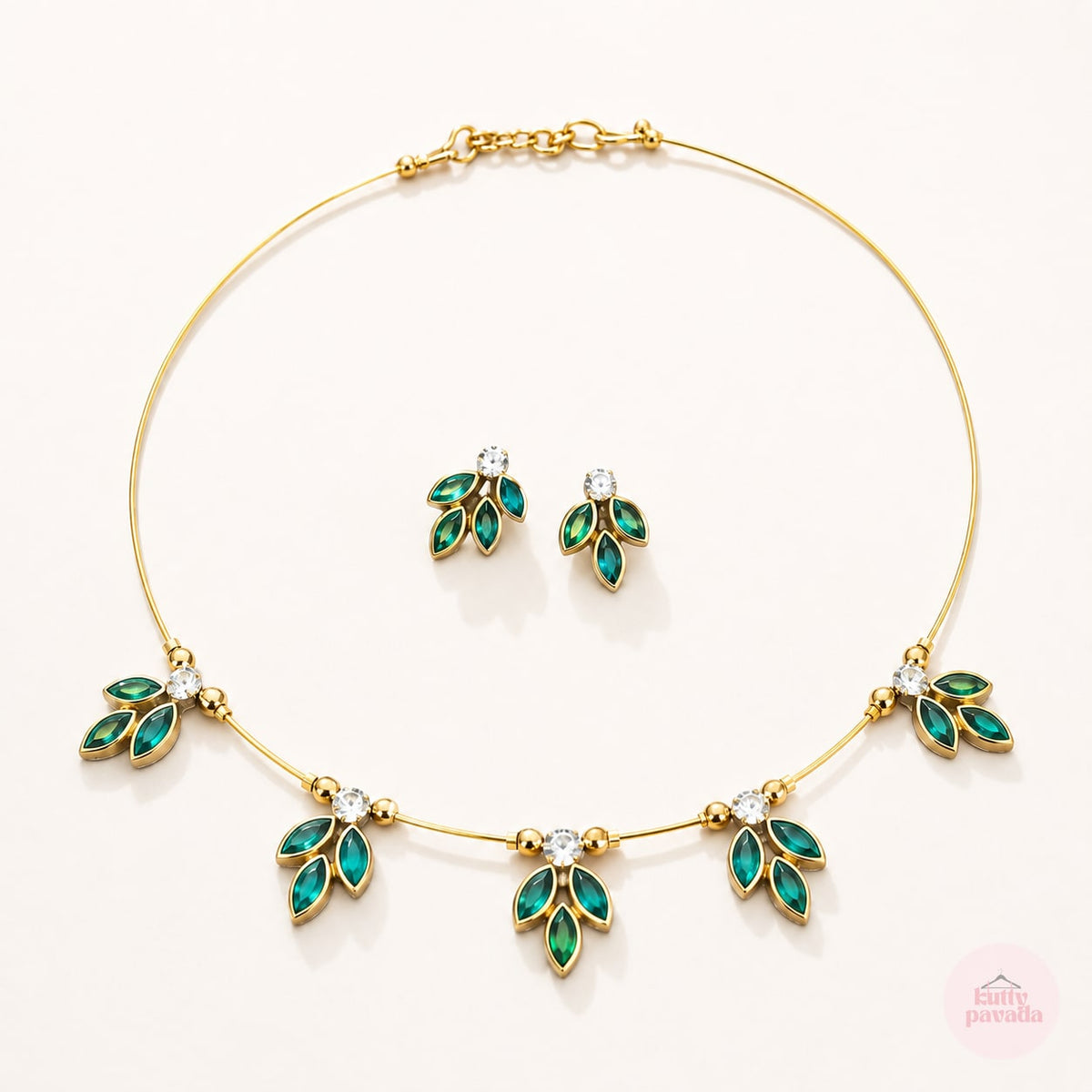 Green Petal Charm Invisible Necklace with Earrings Set