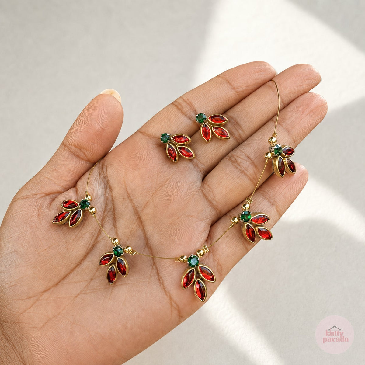 Green & Red Petal Charm Invisible Necklace with Earrings Set