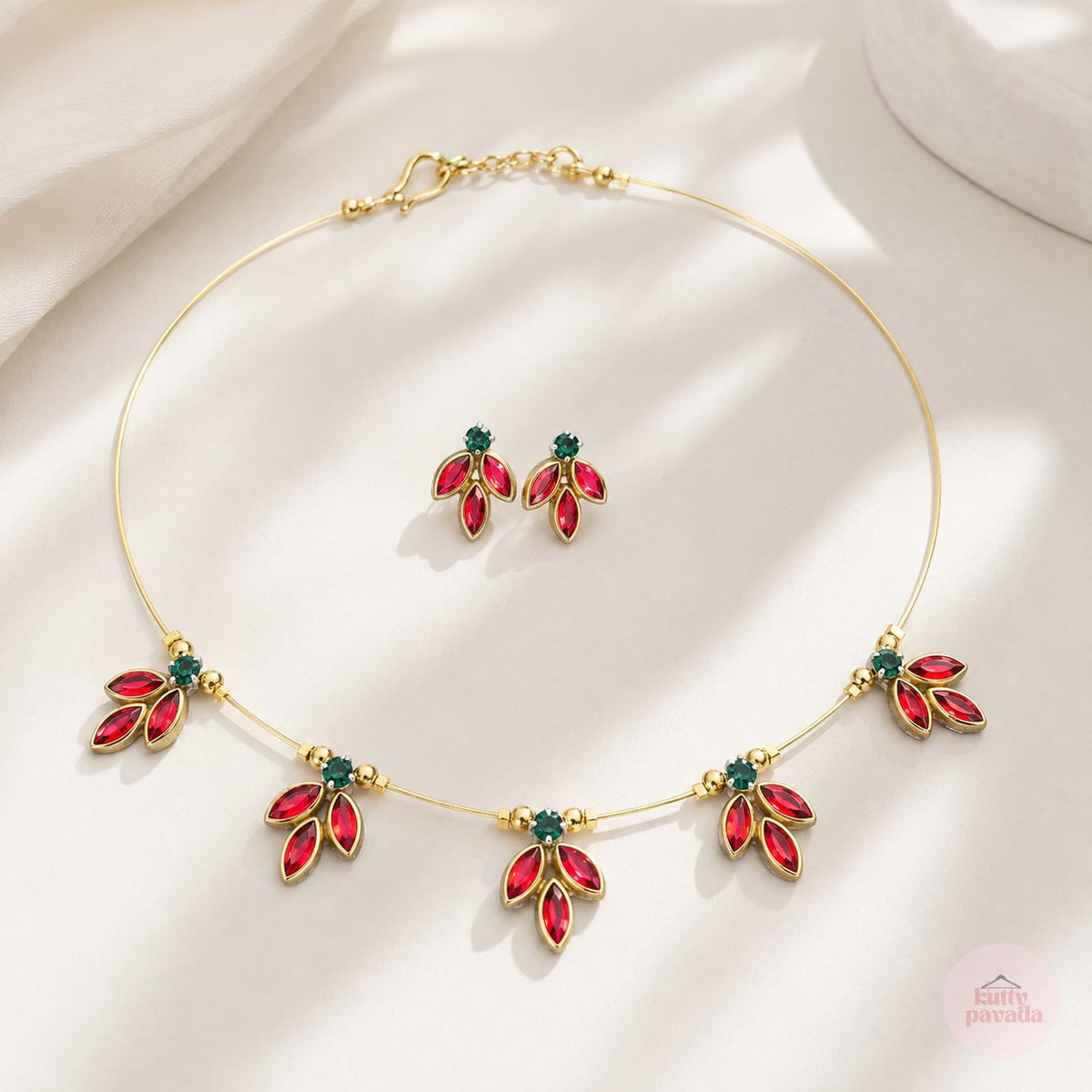 Green & Red Petal Charm Invisible Necklace with Earrings Set