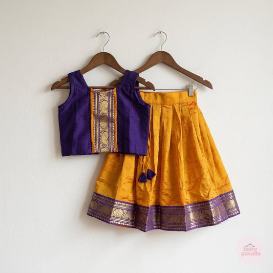 Violet & Orange Kasavu Pavada Set