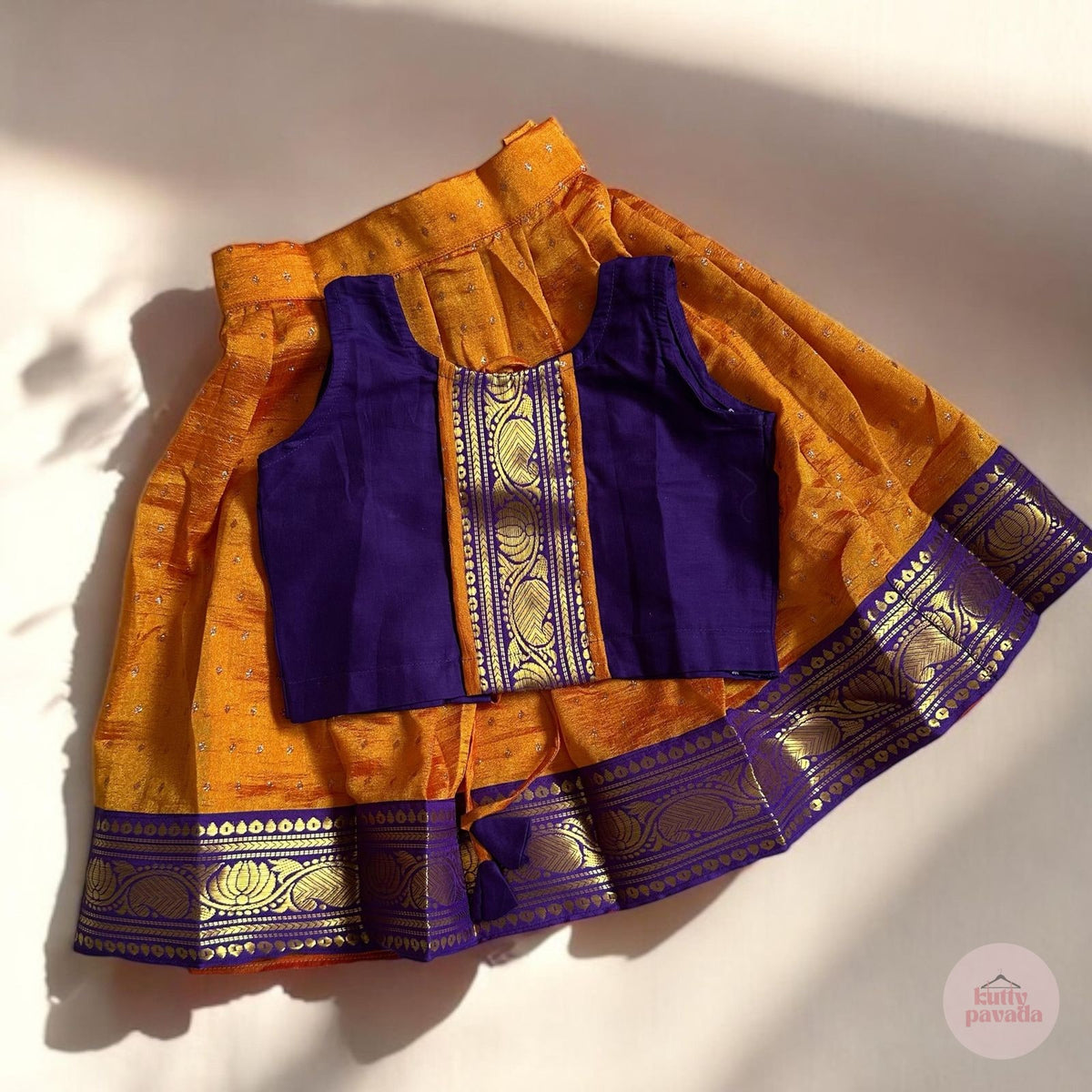 Violet & Orange Kasavu Pavada Set