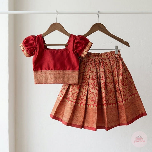 A traditional Indian two-piece outfit consisting of a red blouse with gold zari embroidery and a matching pleated skirt, hanging on wooden hangers against a white wall.