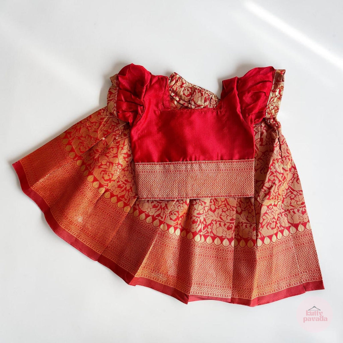 Red and Orange Banarasi Girls Pattu Pavada Set