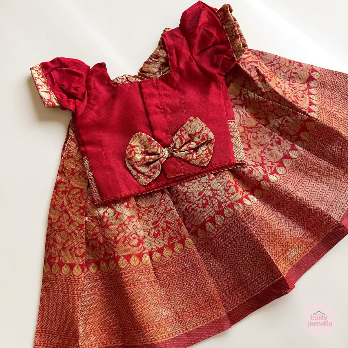 Red and Orange Banarasi Girls Pattu Pavada Set