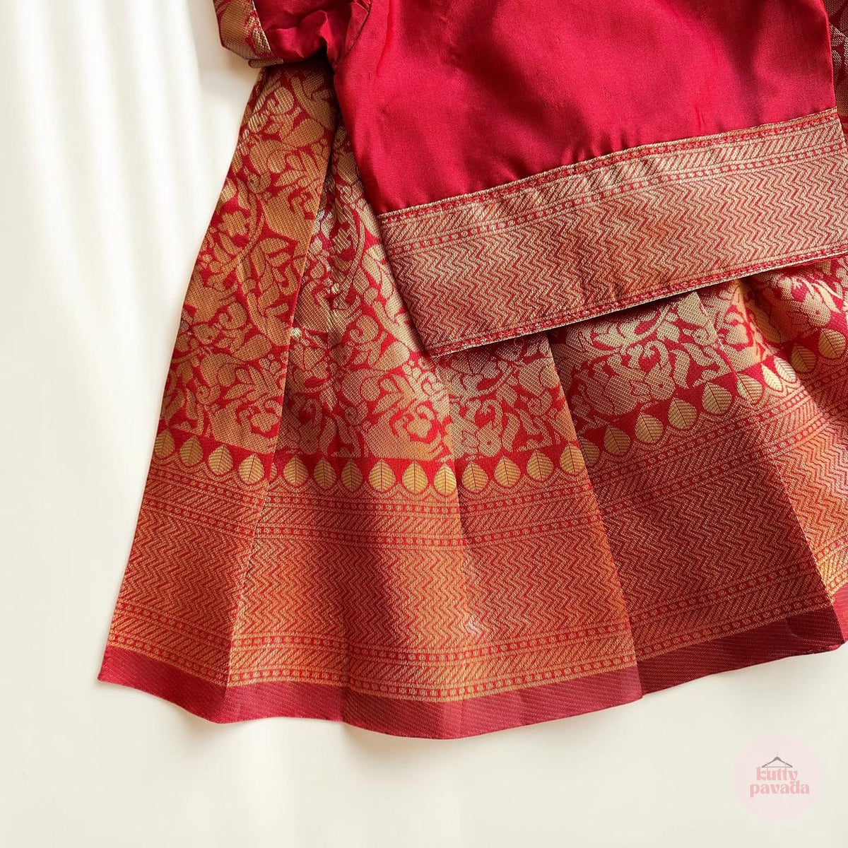Red and Orange Banarasi Girls Pattu Pavada Set