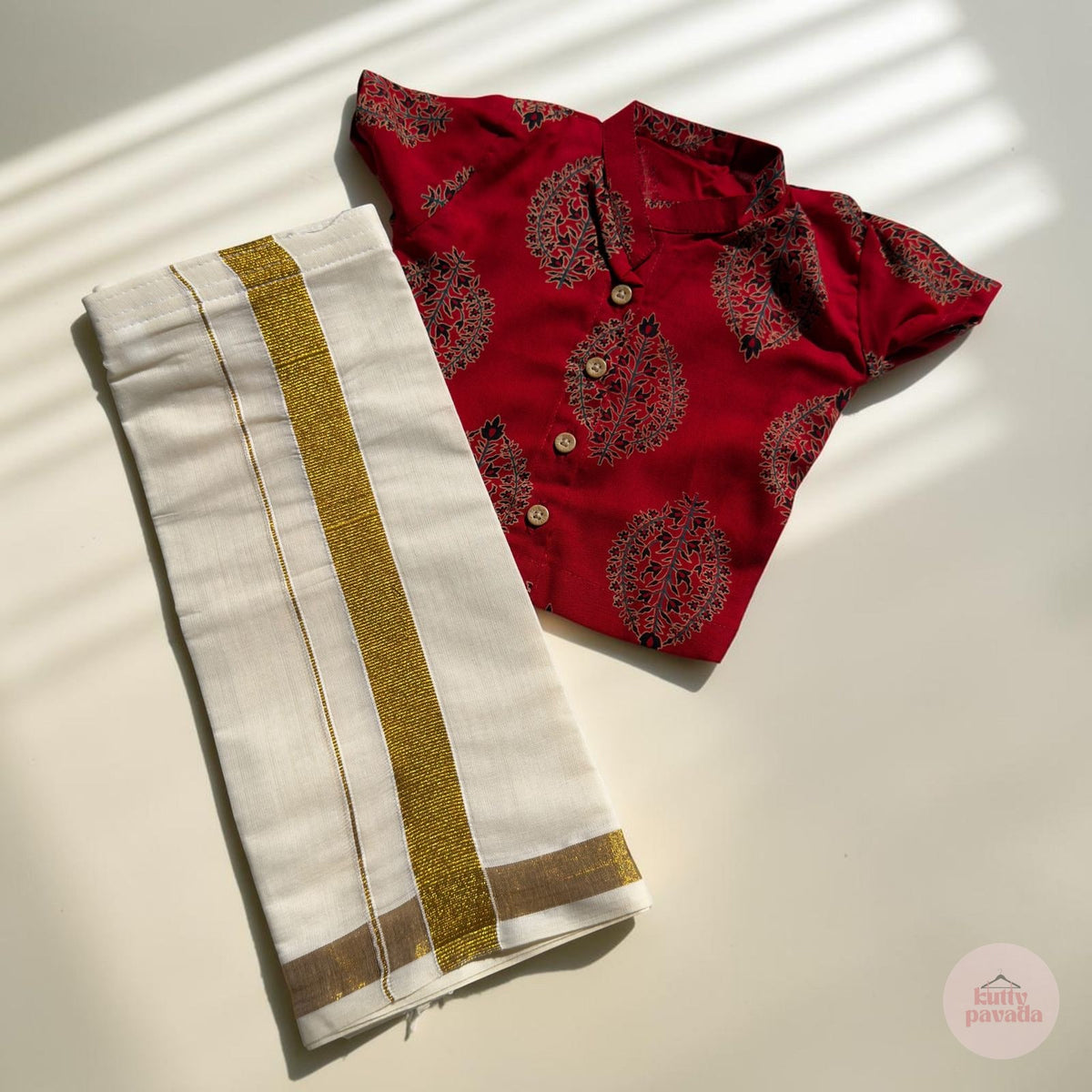 Ajrakh Red Baby Shirt and Kasavu Mundu Set
