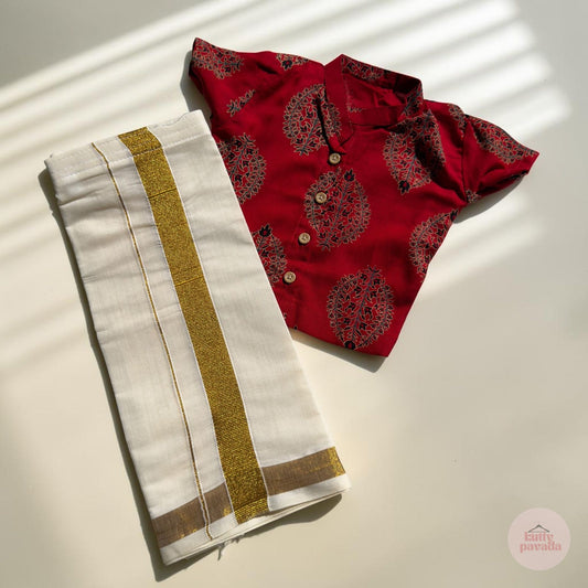 Ajrakh Red Baby Shirt and Kasavu Mundu Set