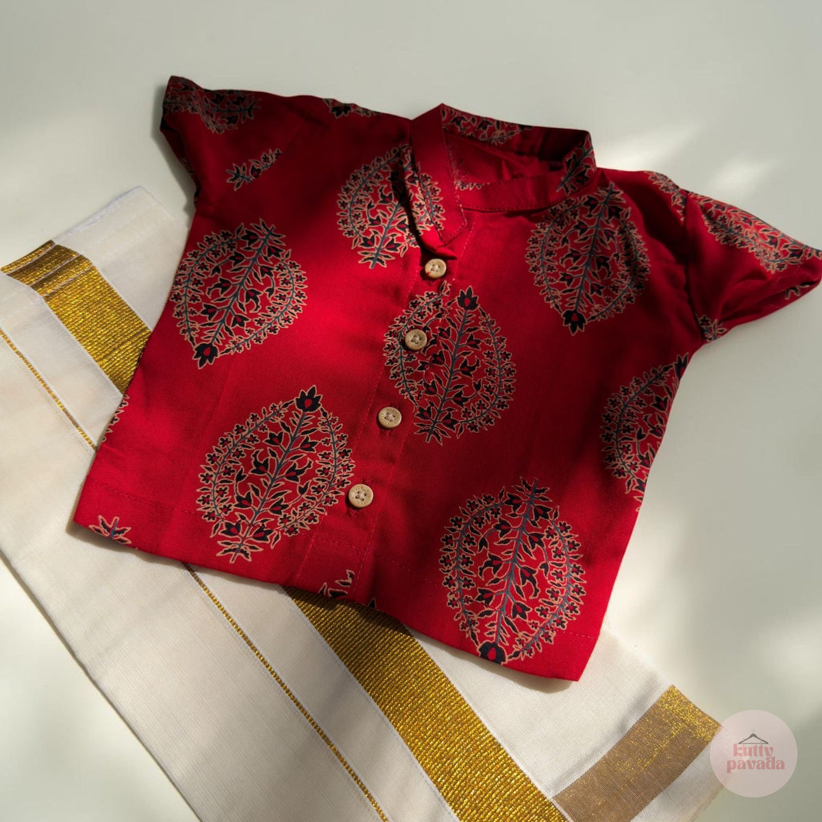 Ajrakh Red Baby Shirt and Kasavu Mundu Set