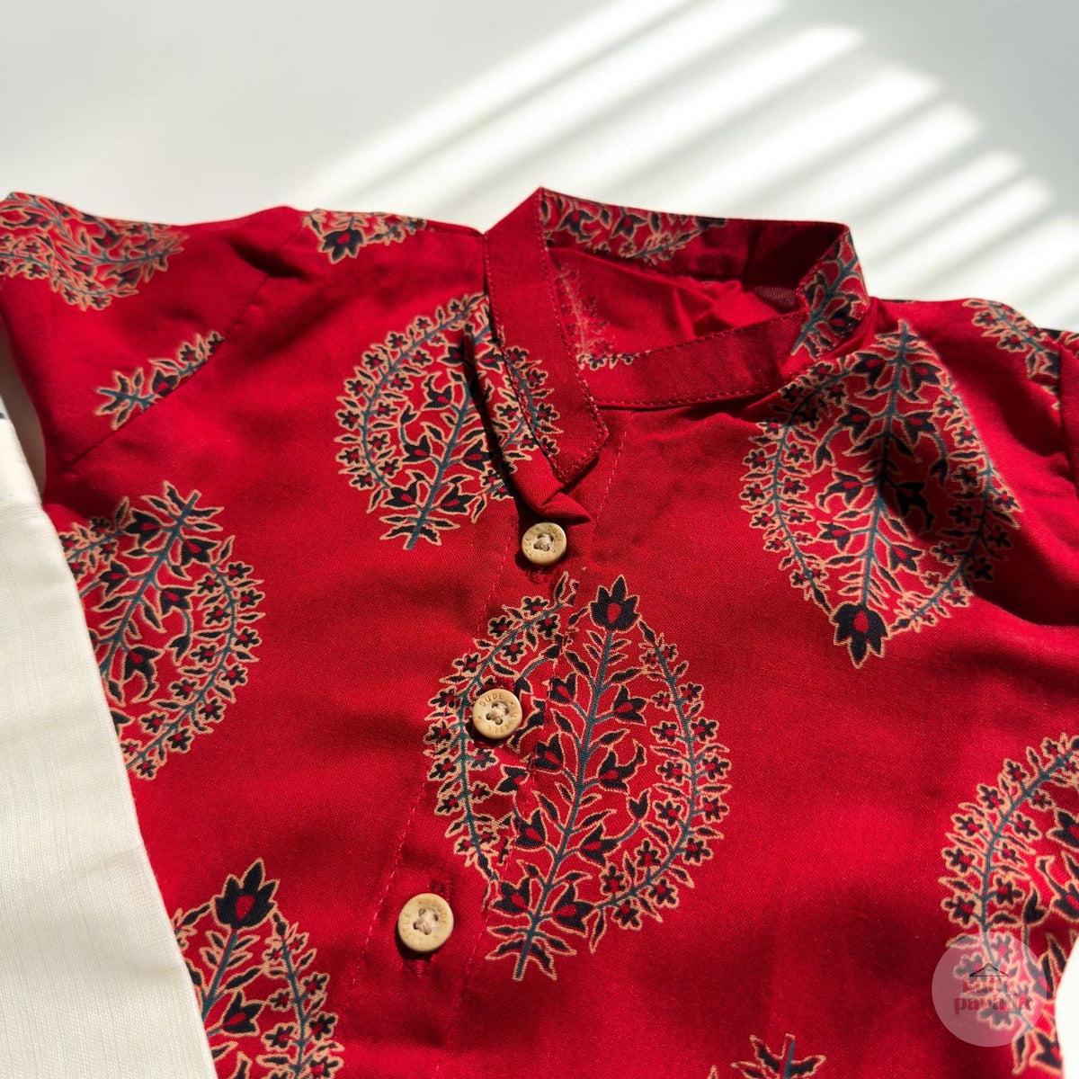 Ajrakh Red Baby Shirt and Kasavu Mundu Set