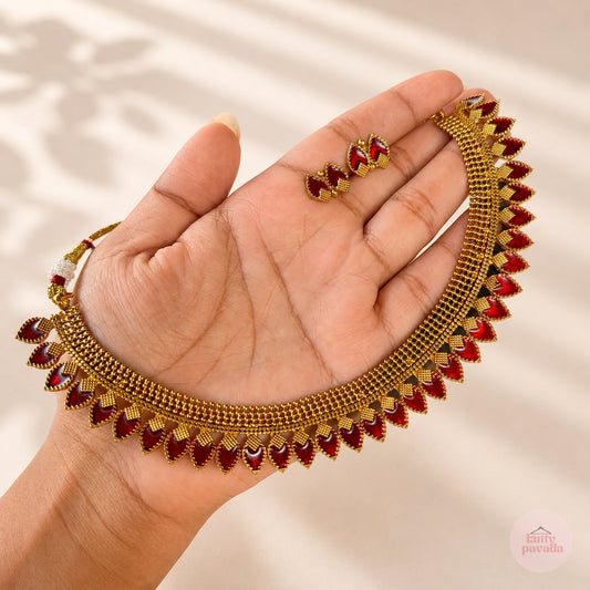 Ruby Leaf Onam Necklace and Earring Set