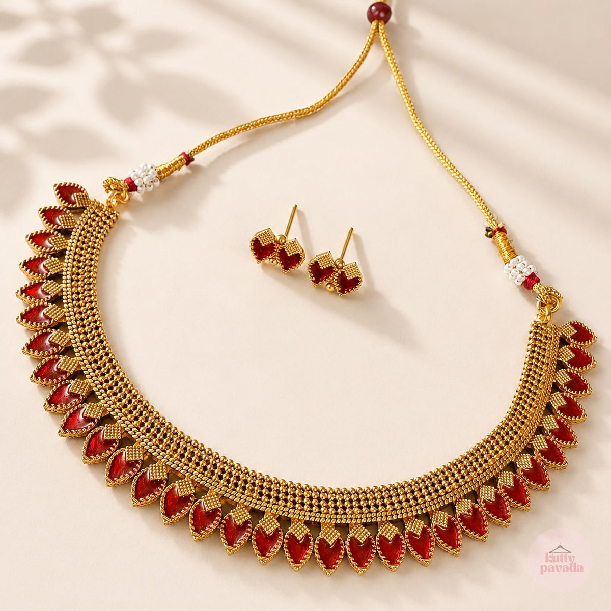 Ruby Leaf Onam Necklace and Earring Set