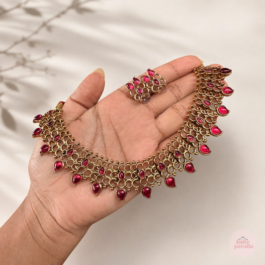 Red Traditional Choker Necklace with Earring Set