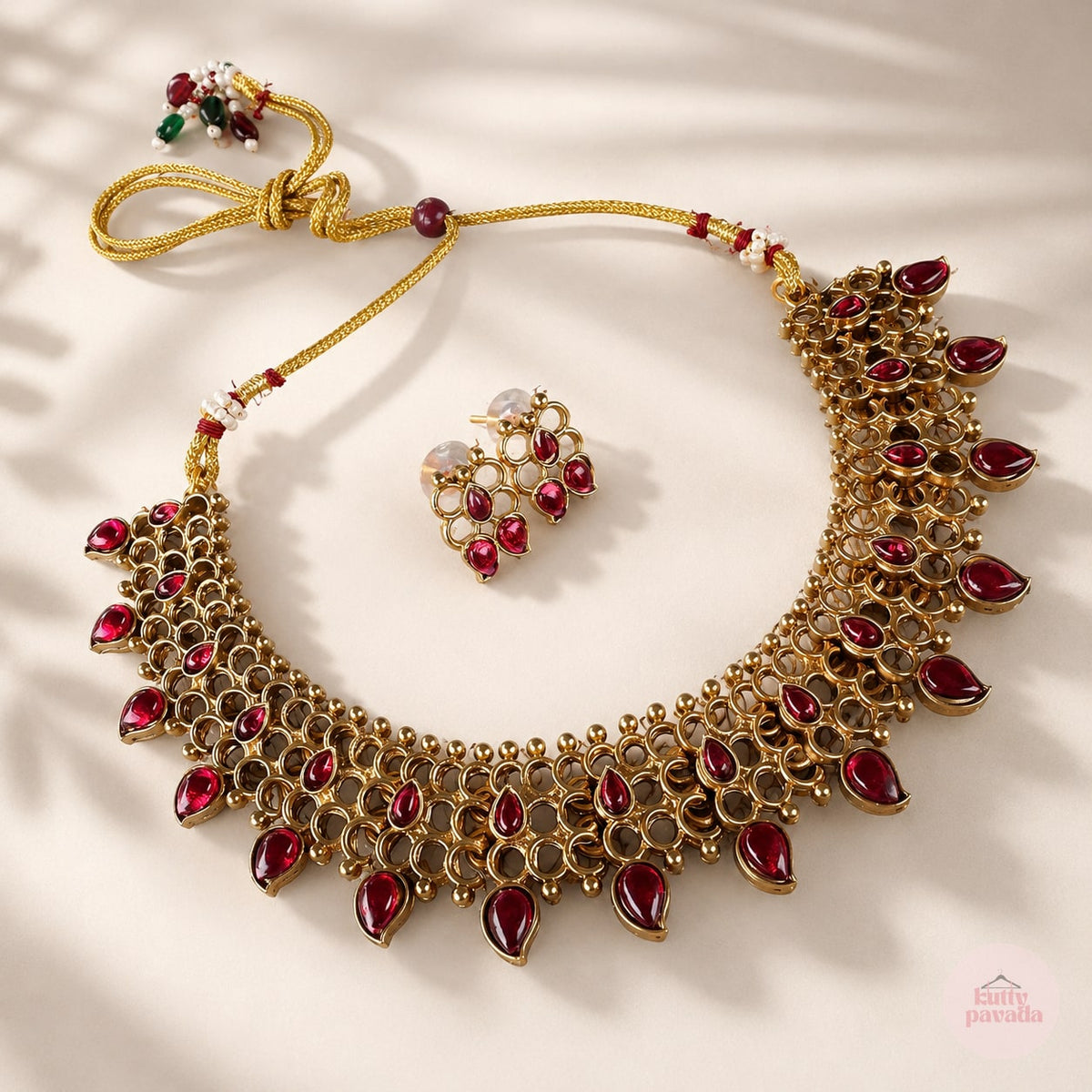 Red Traditional Choker Necklace with Earring Set