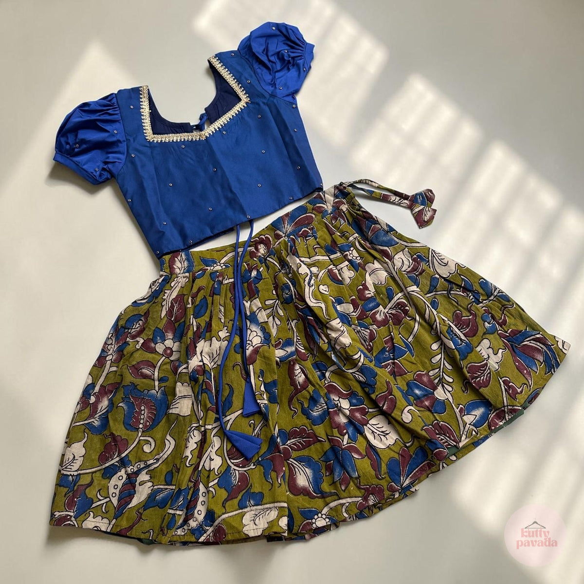 Royal Blue Blouse with Kalamkari Cotton Pavada Set