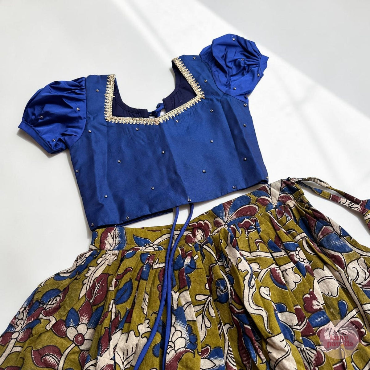 Royal Blue Blouse with Kalamkari Cotton Pavada Set