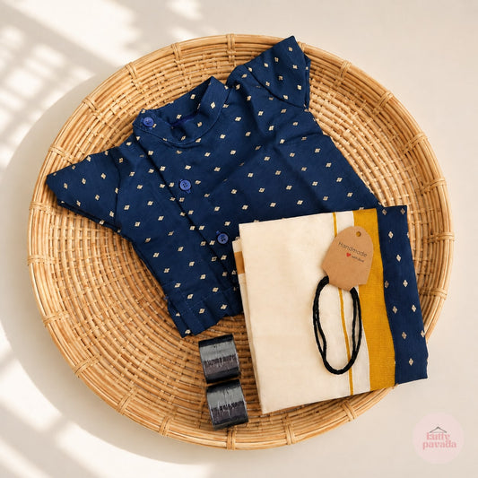 Navy Blue Kurta & Mundu Noolukettu Set