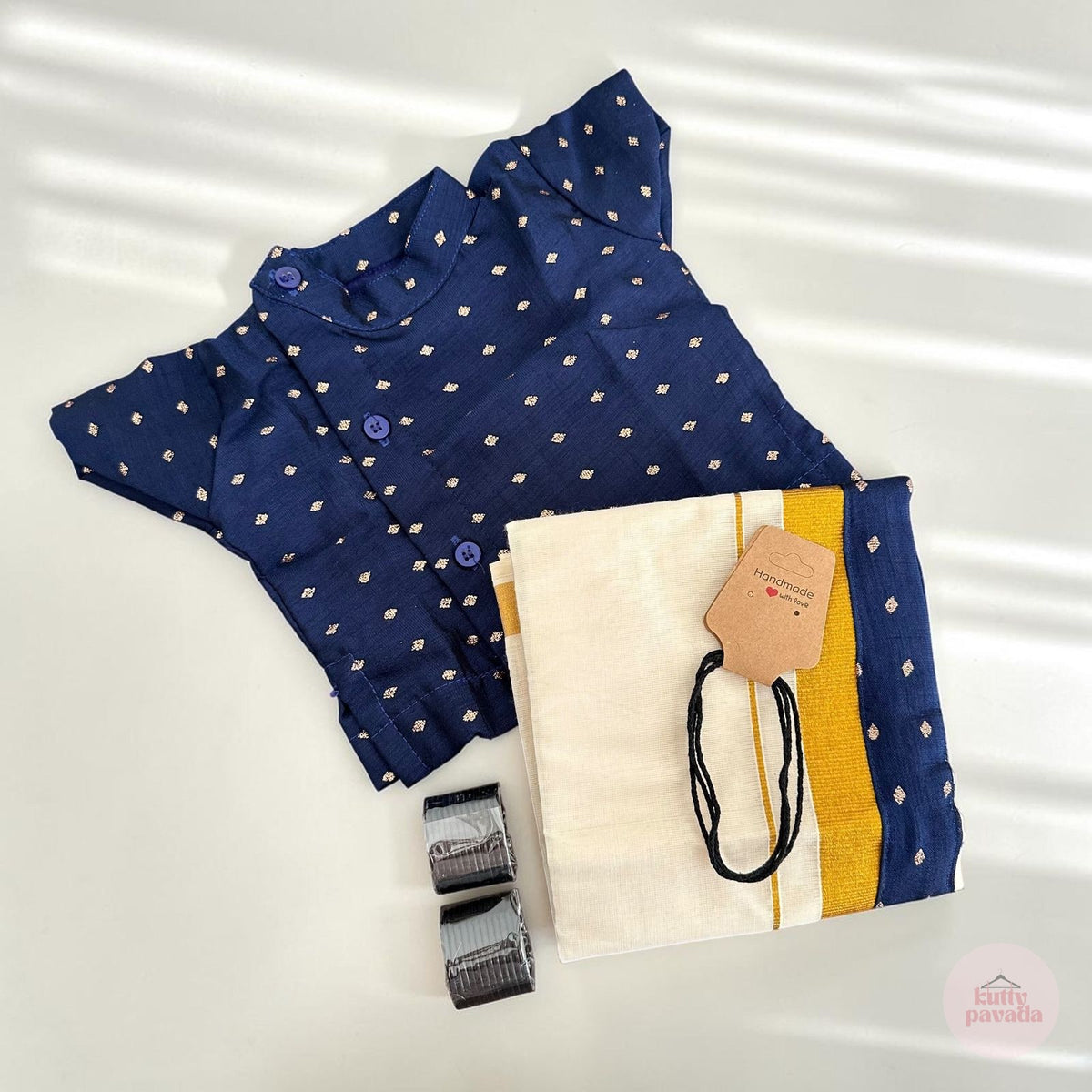Navy Blue Kurta & Mundu Noolukettu Set