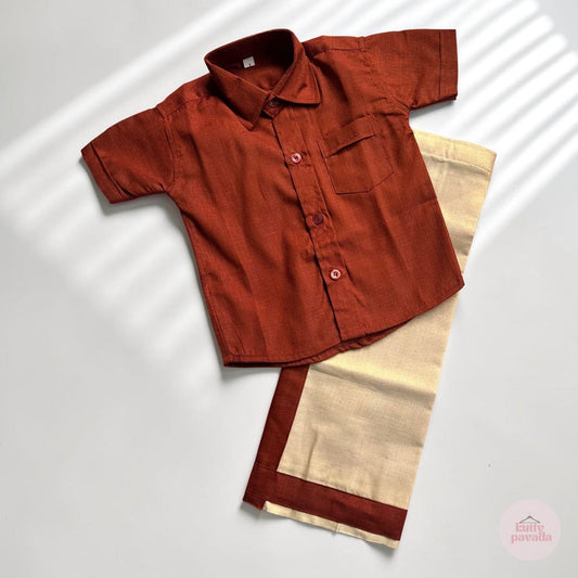 Rust Brown Shirt and Mundu Boys Onam Set