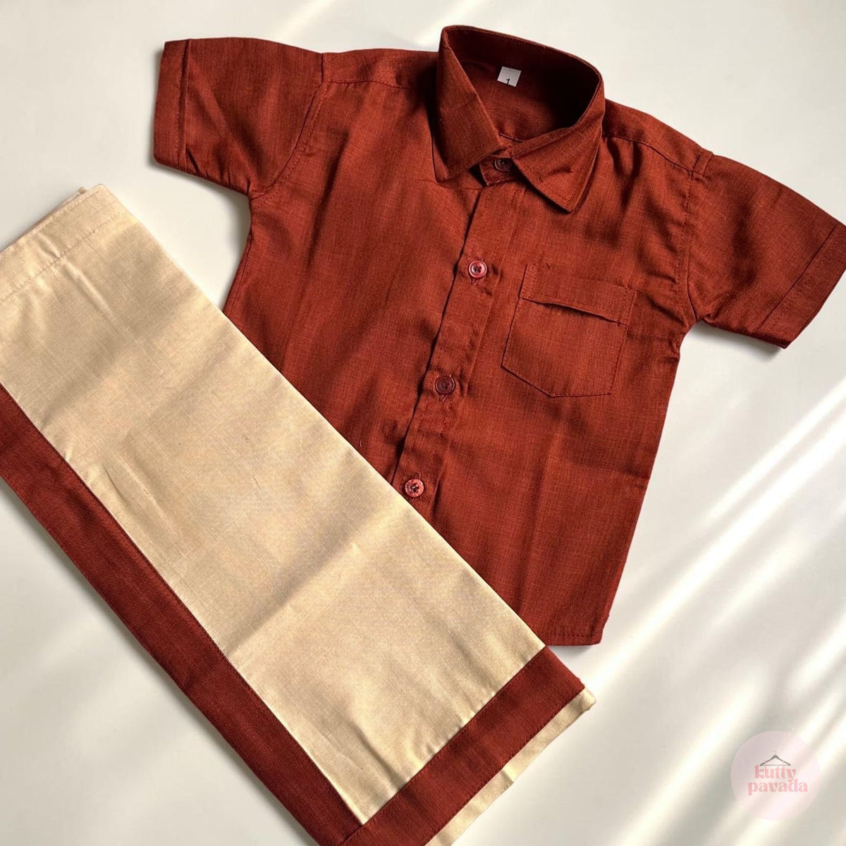 Rust Brown Shirt and Mundu Boys Onam Set