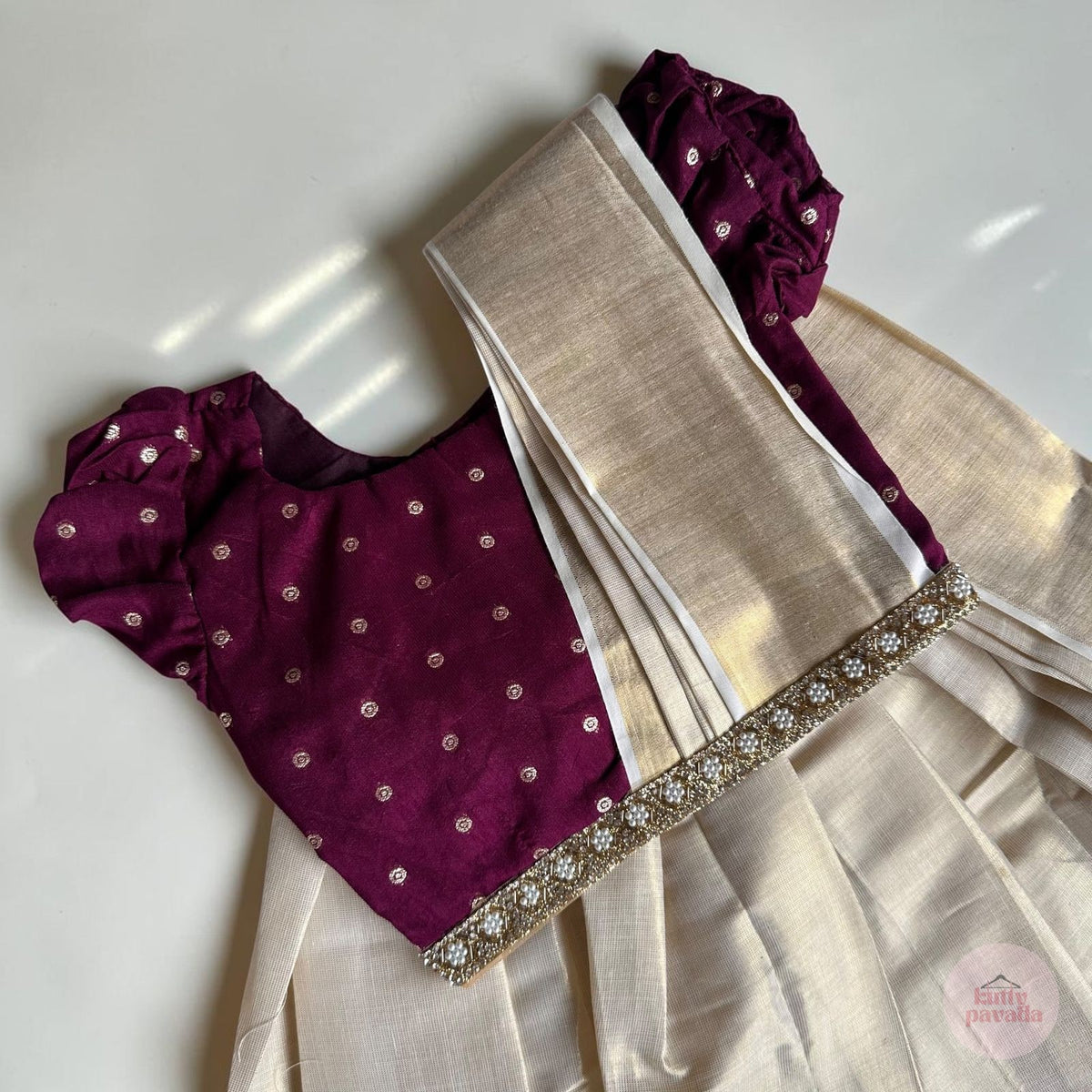 Purple Saree Style Girls Skirt and Top Set