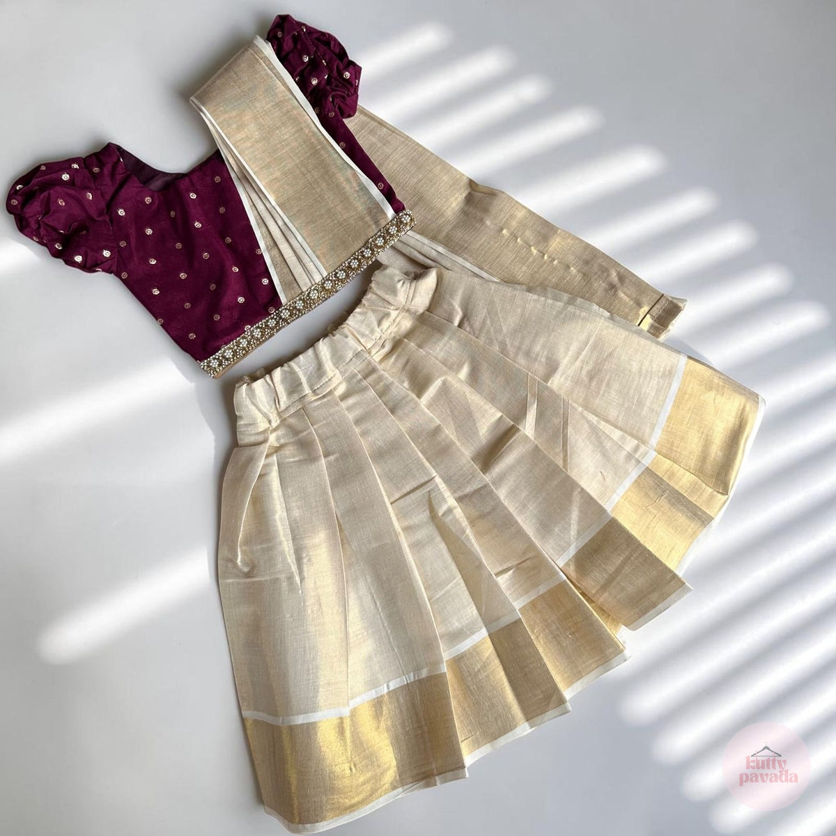 Purple Saree Style Girls Skirt and Top Set