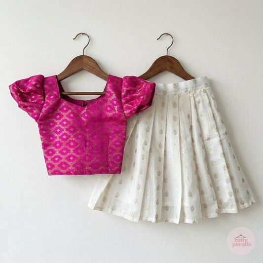 Hot Pink Gold Brocade with Gold Bhutta Skirt Set