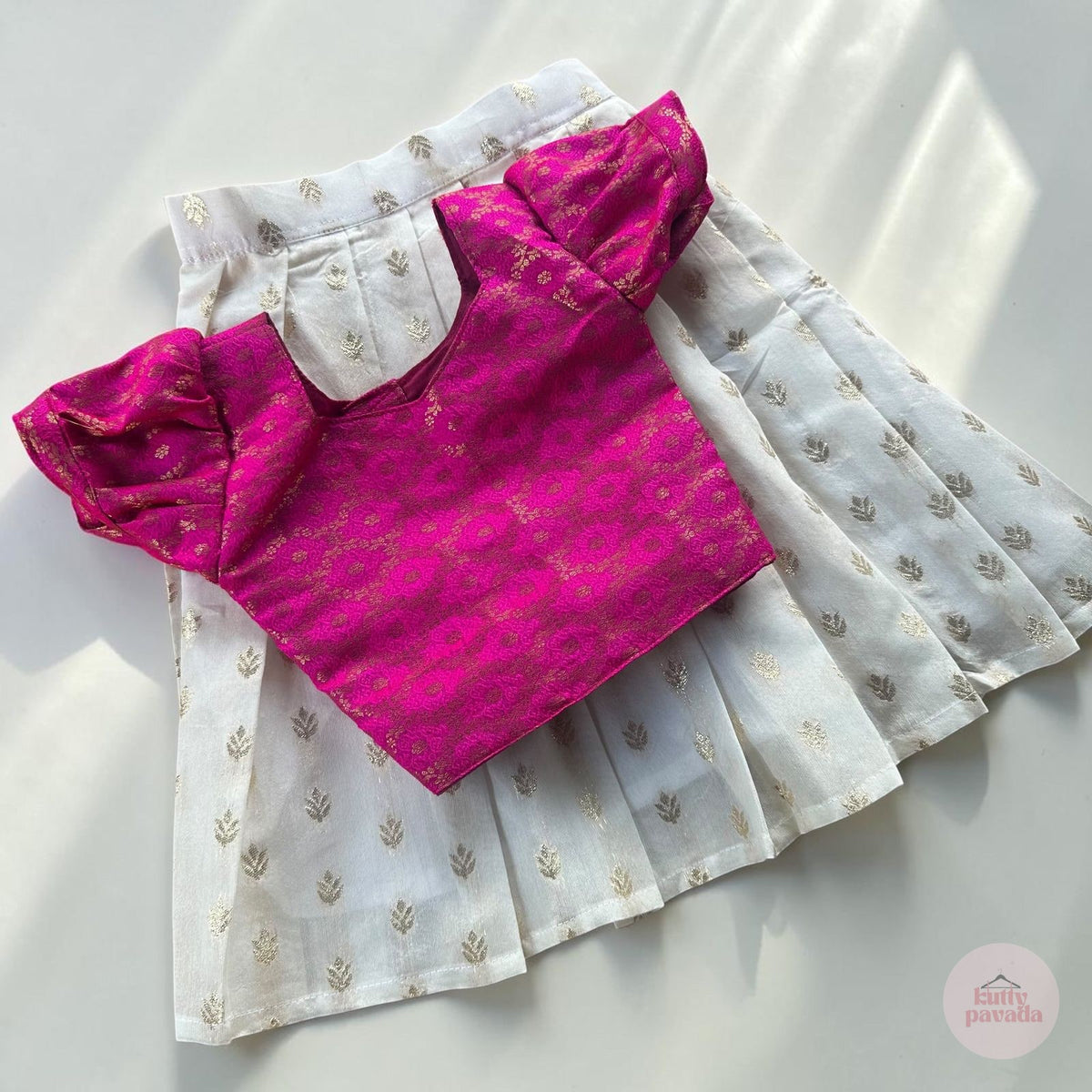 Hot Pink Gold Brocade with Gold Bhutta Skirt Set