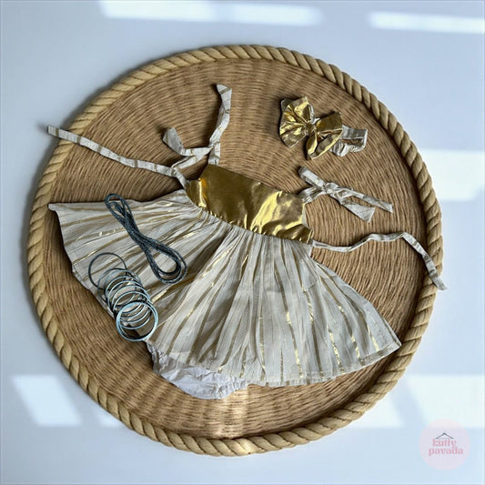 5-in-1 Set – Gold Striped Dress with Headband
