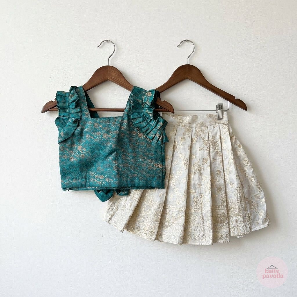 Teal Ruffle Top & Cream Skirt Set