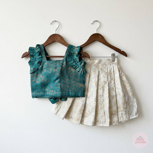 Teal Ruffle Top & Cream Skirt Set