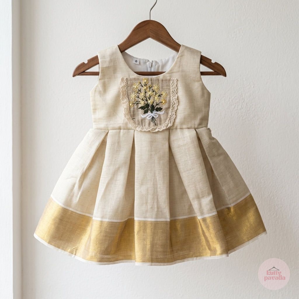 A sleeveless baby girl's dress in natural linen fabric, featuring a gold metallic border along the hem and a decorative embroidered floral chest panel, hanging on a wooden hanger against a white wall.
