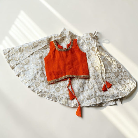 Cream & Gold Umbrella Skirt with Textured Orange Blouse