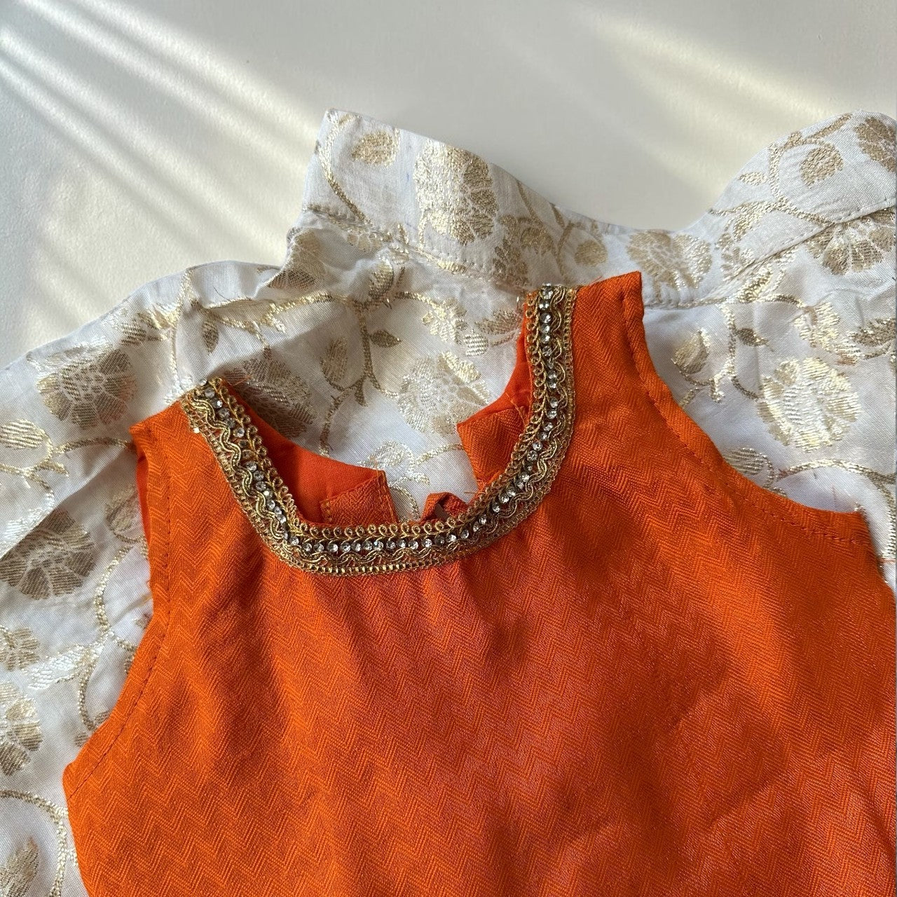 Cream & Gold Umbrella Skirt with Textured Orange Blouse