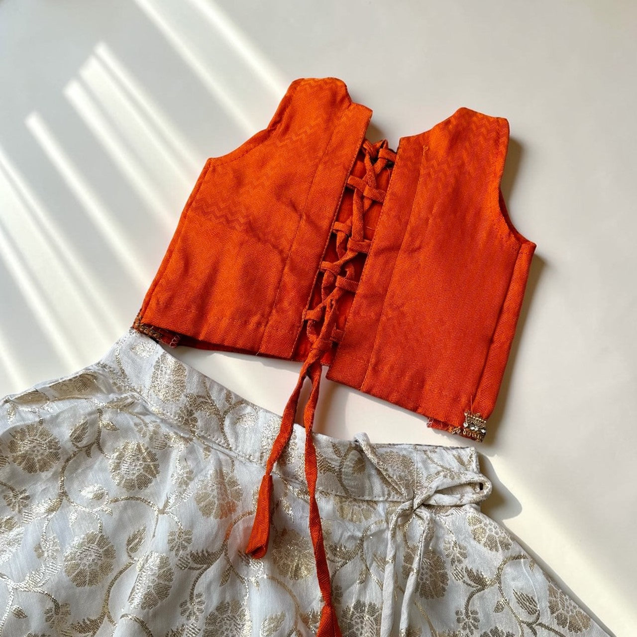 Cream & Gold Umbrella Skirt with Textured Orange Blouse