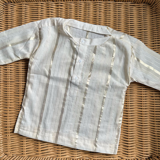 Boys Off-white Cotton Kurta with Golden Stripes
