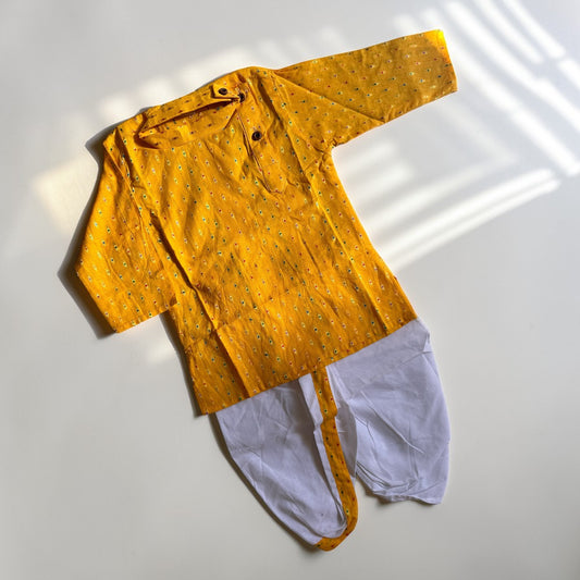 Yellow Weaved Cotton Kurta & White Dhoti Pants