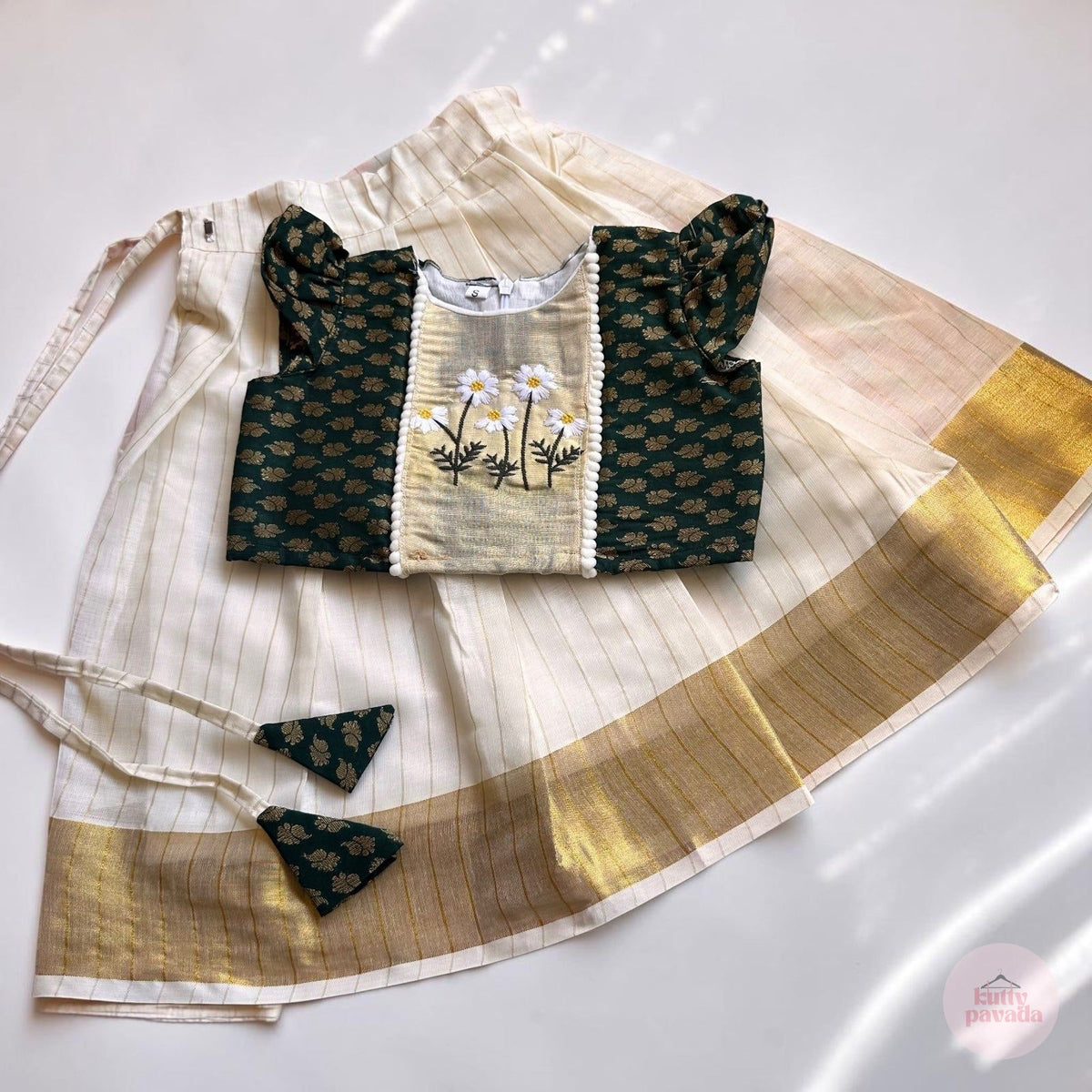 Bottle Green Daisy Embroidered Pattu Pavada Set