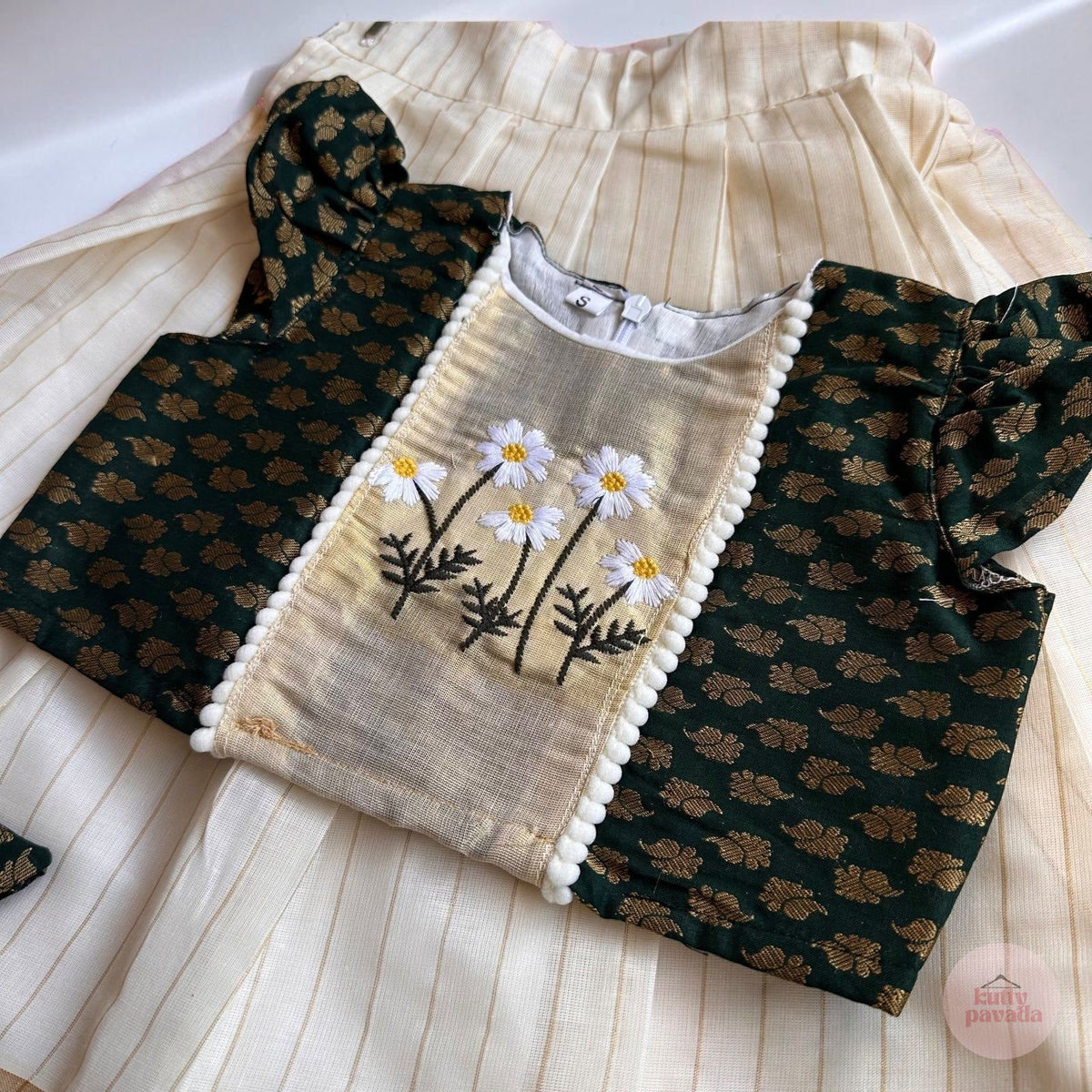 Bottle Green Daisy Embroidered Pattu Pavada Set
