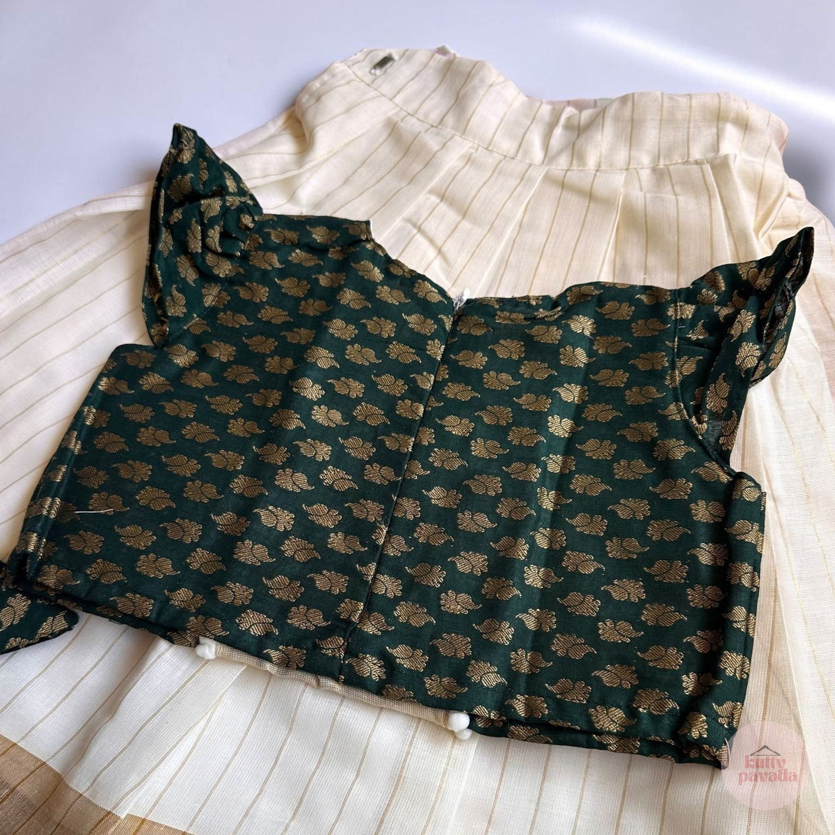 Bottle Green Daisy Embroidered Pattu Pavada Set