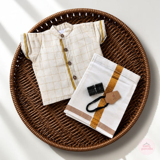 Golden Tissue Check Kurta & Mundu Noolukettu Set
